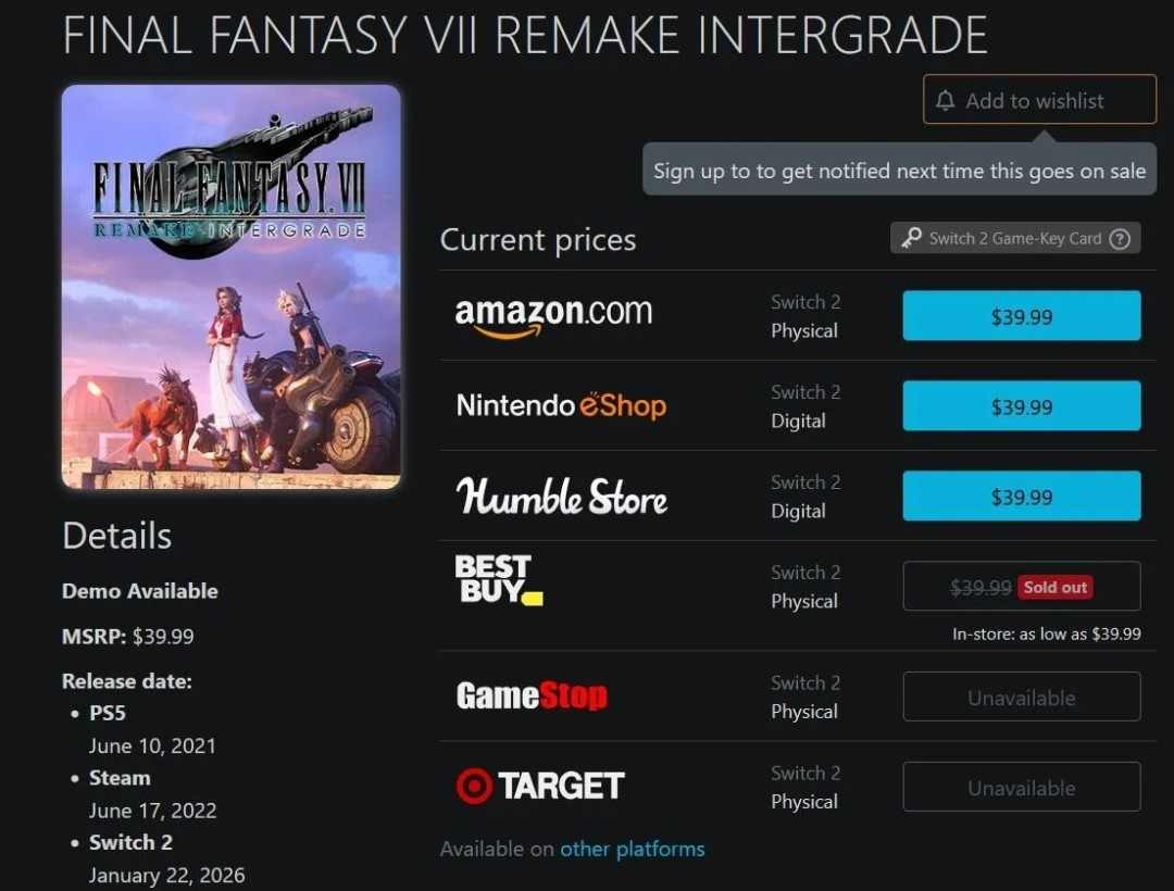 太火爆了！ 《最终幻想7》NS2重制实体版在美国几乎售罄(图2)