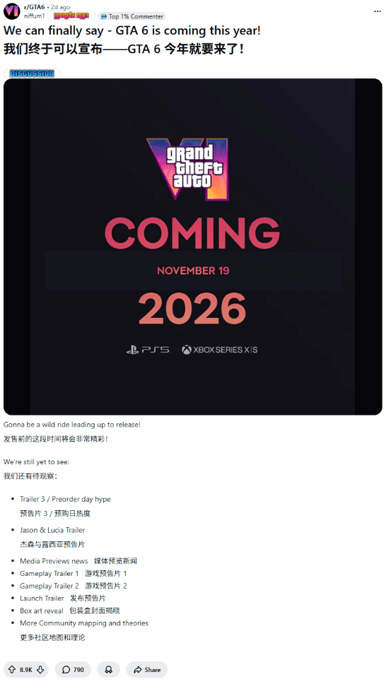 面对终于到《GTA6》发售年2026 玩家自浇冷水理性等待(图1) 面对终于到《GTA6》发售年2026 玩家自浇冷水理性等待(图1)
