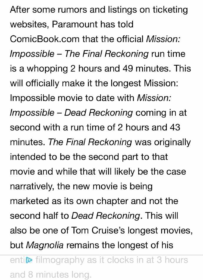 系列最长！《碟中谍8》时长2小时49分钟(图1)