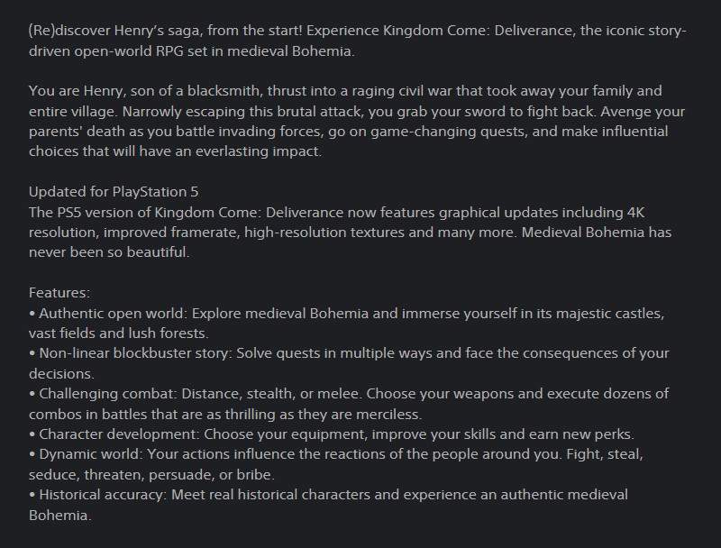 《天国：拯救》PS5强化版或将上线！支持4K高帧率(图2)