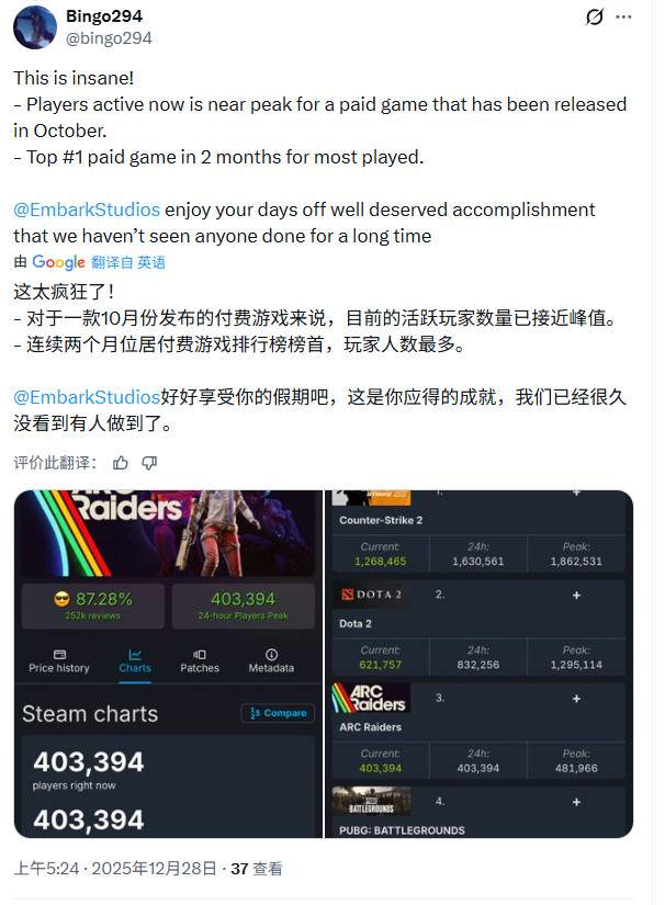 《Arc Raiders》发售两个月 Steam在线仍超40万人(图6)