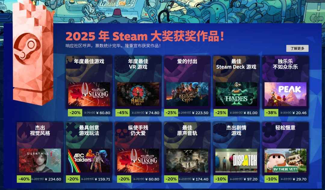 2025年Steam大奖名单 《空洞骑士：丝之歌》获年度游戏(图1)
