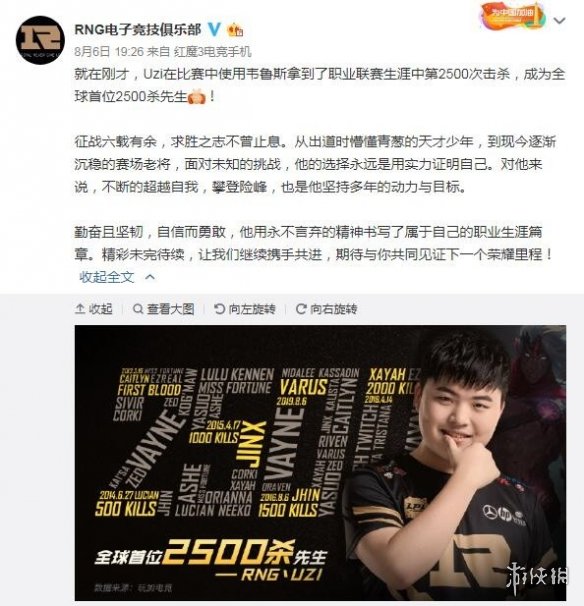 2500杀先生登场 Uzi夺得《LOL》LPL历史击杀数榜首(图1)