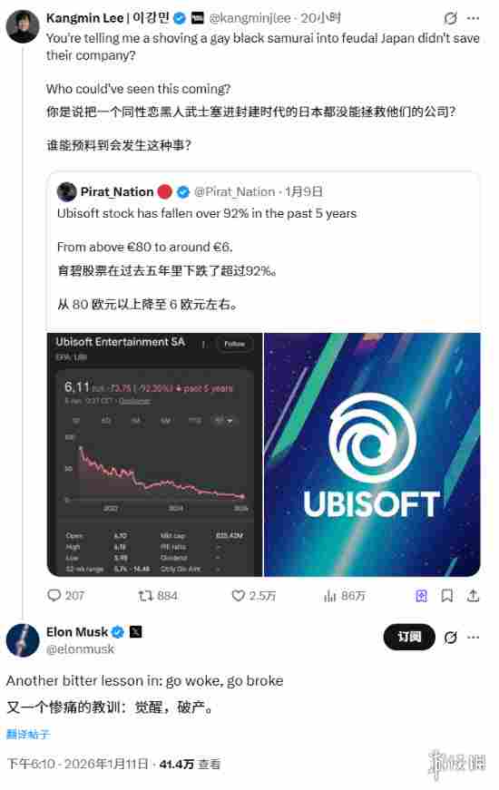 埃隆·马斯克转发育碧股价暴跌推文：觉醒 然后破产(图1)