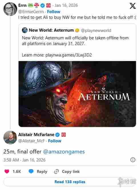 《腐蚀》负责人出2500万美元! 欲救亚马逊将下线游戏(图2)