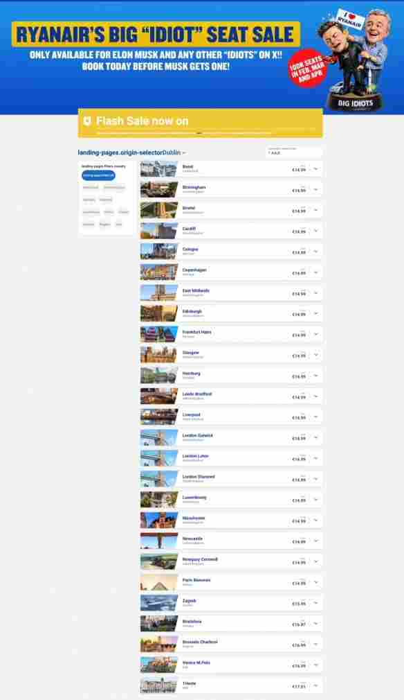 瑞安航空怒怼马斯克:推出“大傻瓜”特价机票反击(图2) 瑞安航空怒怼马斯克:推出“大傻瓜”特价机票反击(图2)
