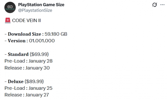 《噬血代码2》PS5版容量大小曝光:所需59.180GB!(图2) 《噬血代码2》PS5版容量大小曝光:所需59.180GB!(图2)