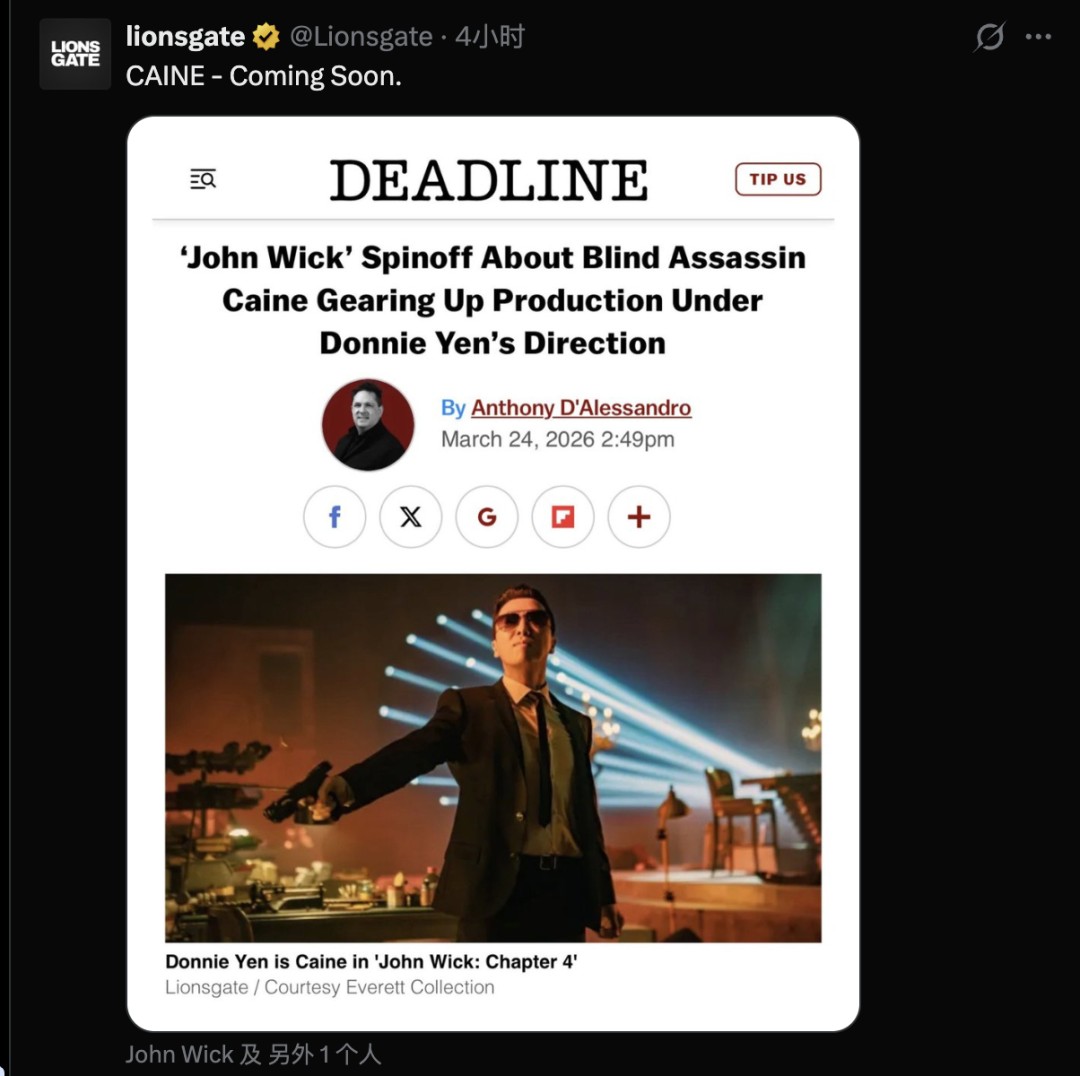 甄子丹自导自演 《疾速追杀》衍生电影下月开拍(图1)