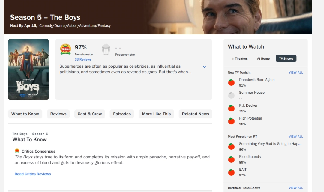 《黑袍纠察队》最终季烂番茄新鲜度97% 系列终局获盛赞(图2)